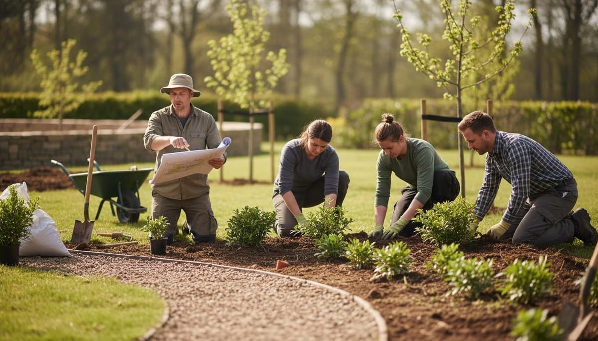 Paysagiste en plein travail, mains dans la terre, plant en place