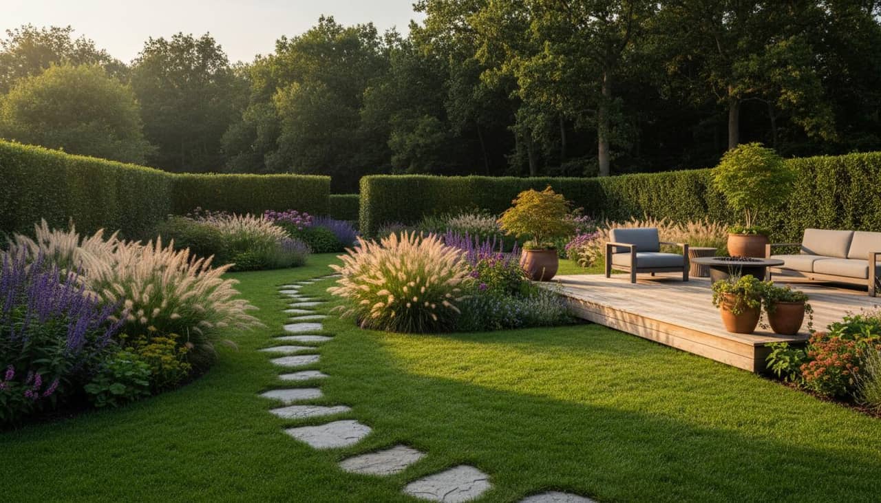 Jardin contemporain en perspective, lumière du matin